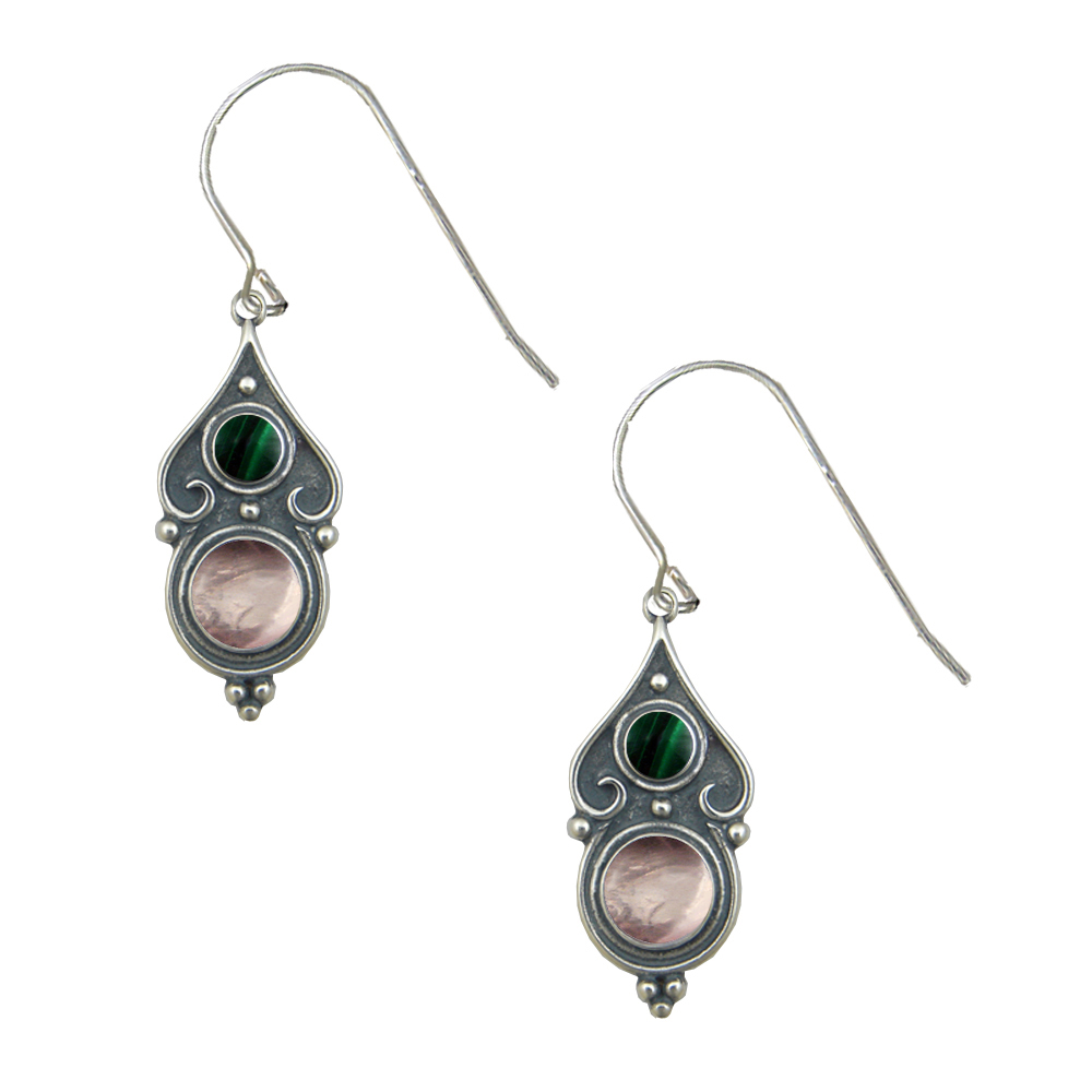 Sterling Silver Designer Post Stud Earrings With Rose Quartz And Malachite